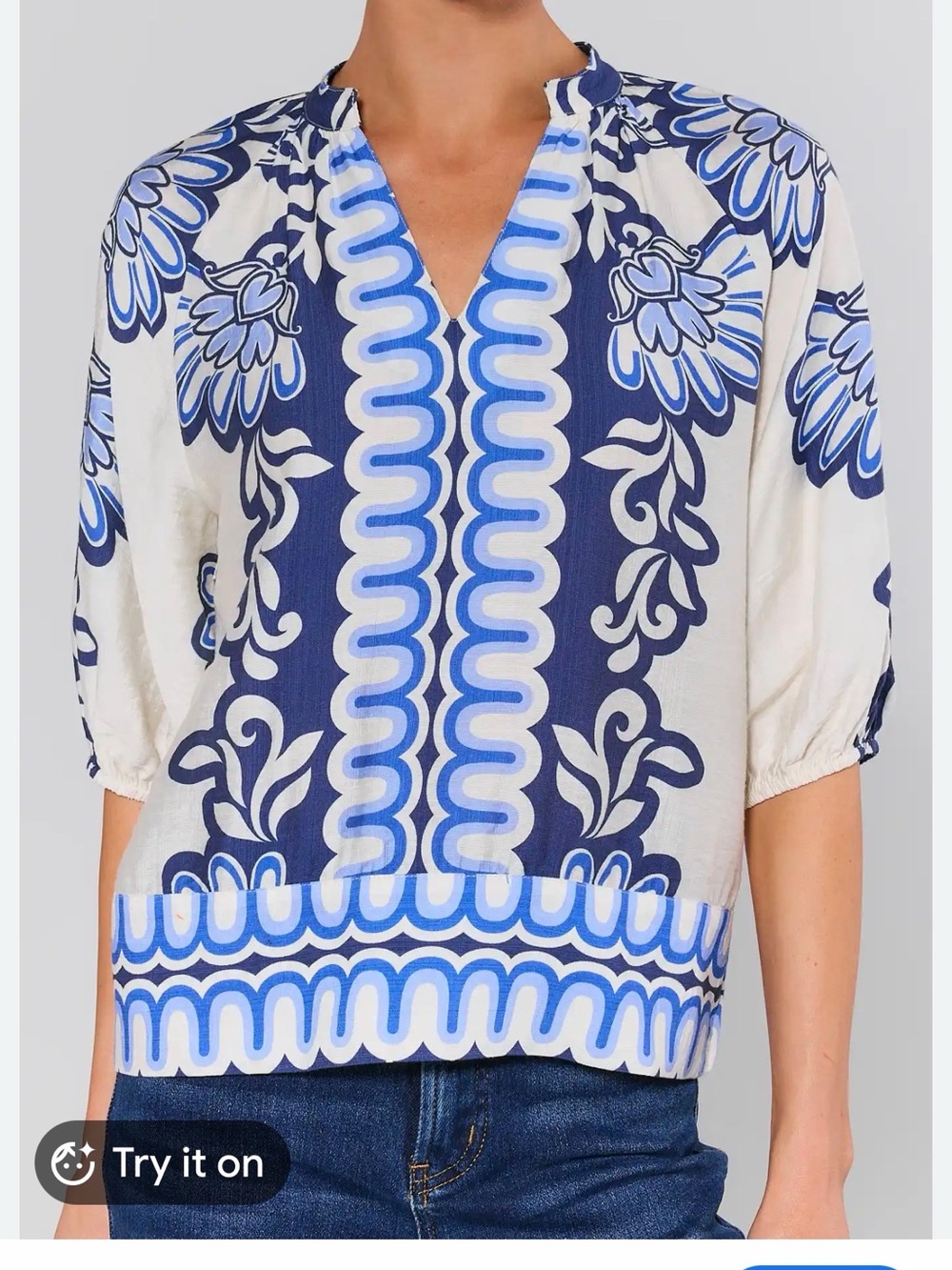 THML Blue and White Floral Border V-Neck Blouse
